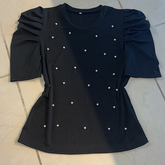 Puff‎ sleeves black blouse Sz. L - Picture 2 of 7